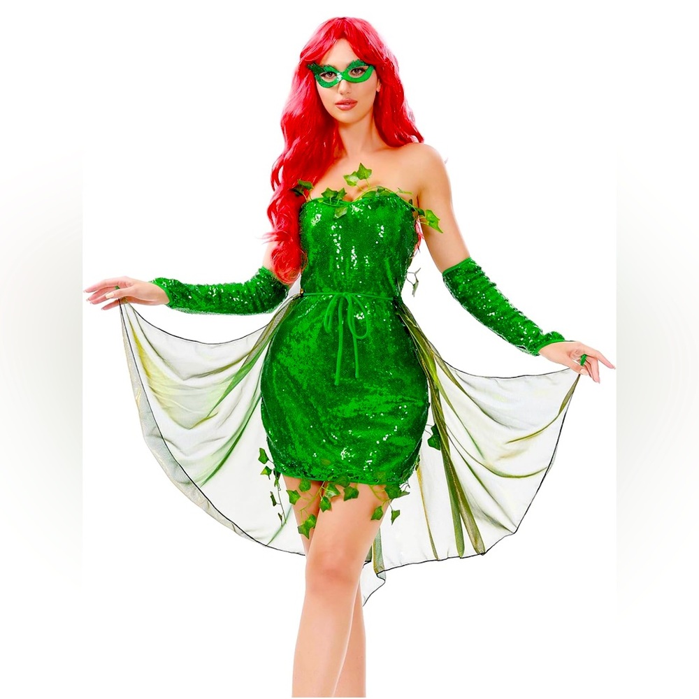 Bigu Poison Costume Women Ivy Halloween Outfit 4 Piece with Eye Mask Gloves Cape